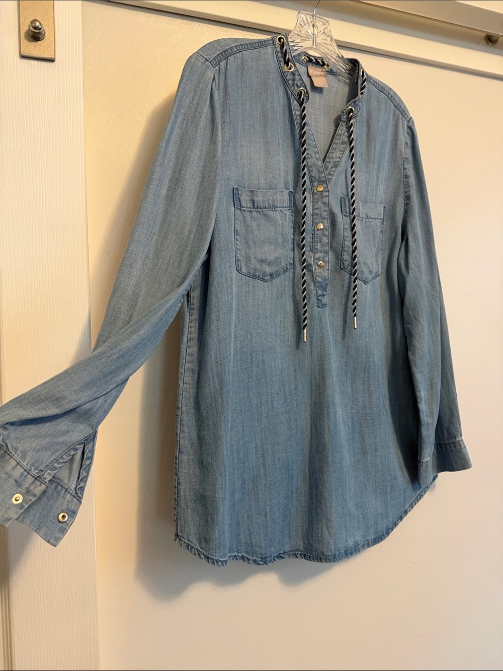 Chico's Light Blue Denim Tunic with Braided Drawstring & Double Breasted Pockets - Picture 3 of 5